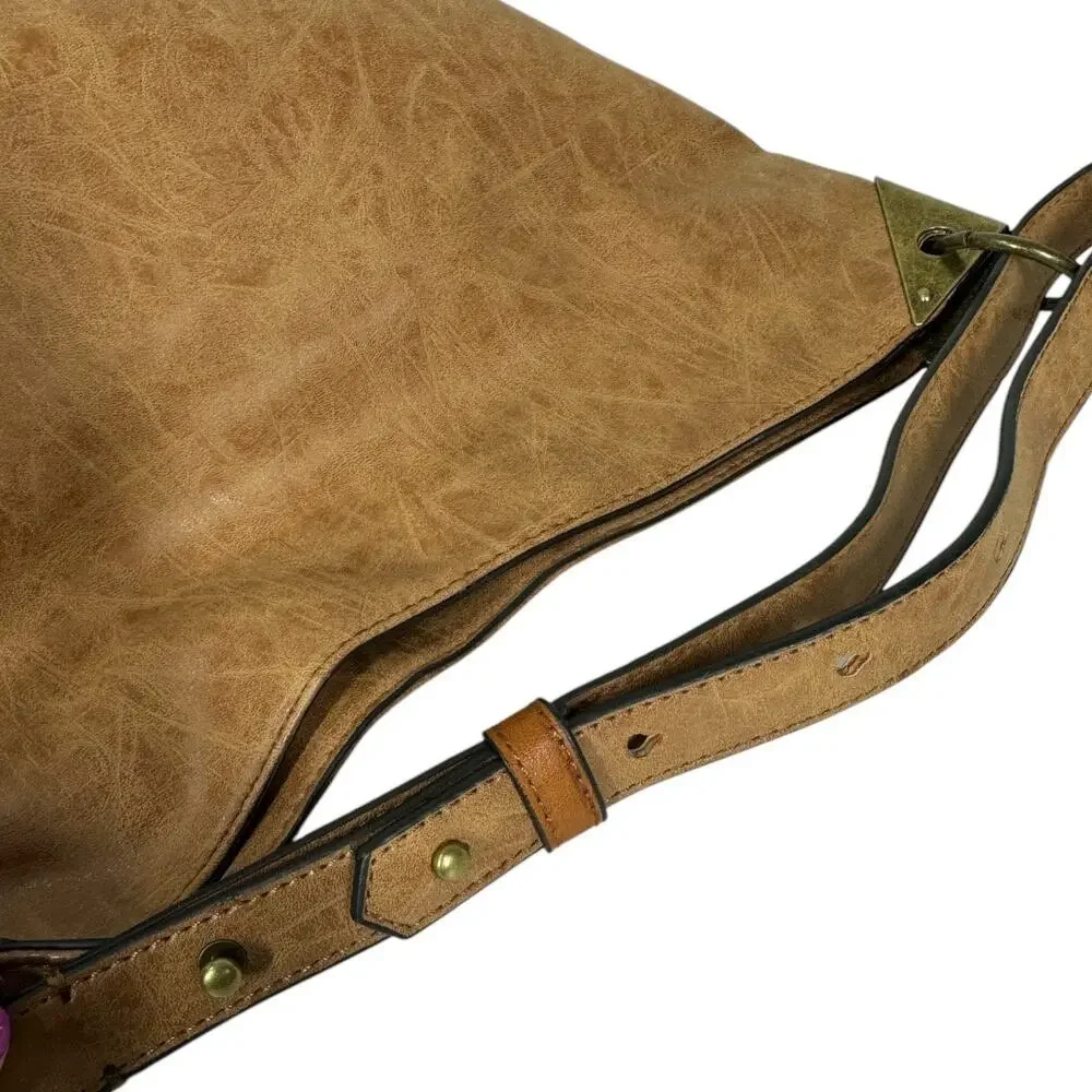 Joy Susan Darcy Zip Front Pocket Bucket Bag Faux Leather Vegan Tan Slouchy Hobo